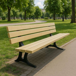 Banc public en bois de pin et pieds en fonte