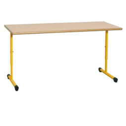 Table maternelle réglable en hauteur piétement jaune et plateau champagne