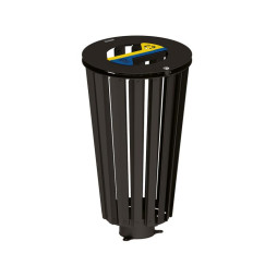 Poubelle urbaine en acier noire signalétique déchets jaune et bleue