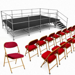 Lot de 96 chaises pliantes en velours et podium estrade