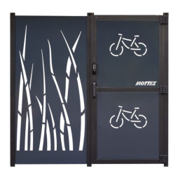 Porte sécurisée et bardage en acier motif roseaux de l'abri cycles