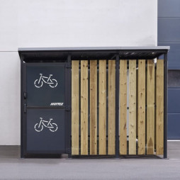 Abri vélos sécurisé avec porte en acier et bardage en bois