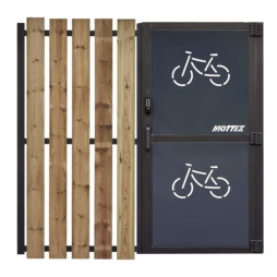 Porte sécurisée en acier et bardage bois de l'abri cycles