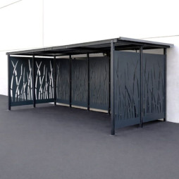 Abri cycles en acier de 5 x 2 m avec bardages roseau