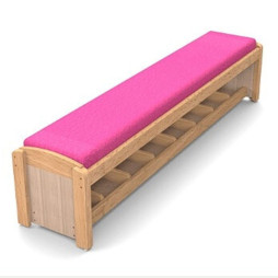 Banc d'accueil pour crèche avec assise framboise et casiers à chaussures