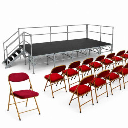 Lot de 96 chaises pliantes en velours et podium estrade