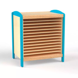 Meuble de rangement papier à dessin maternelle, finition bleu