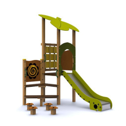 Structure de jeu complète avec accès par escalier et plateforme avec toit.