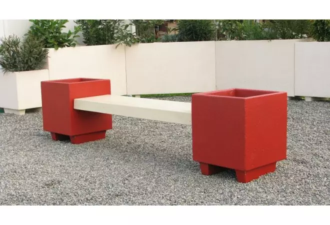 Banquette jardinière en béton - piétement rouge et lame d'assise blanc naturel - DMC Direct