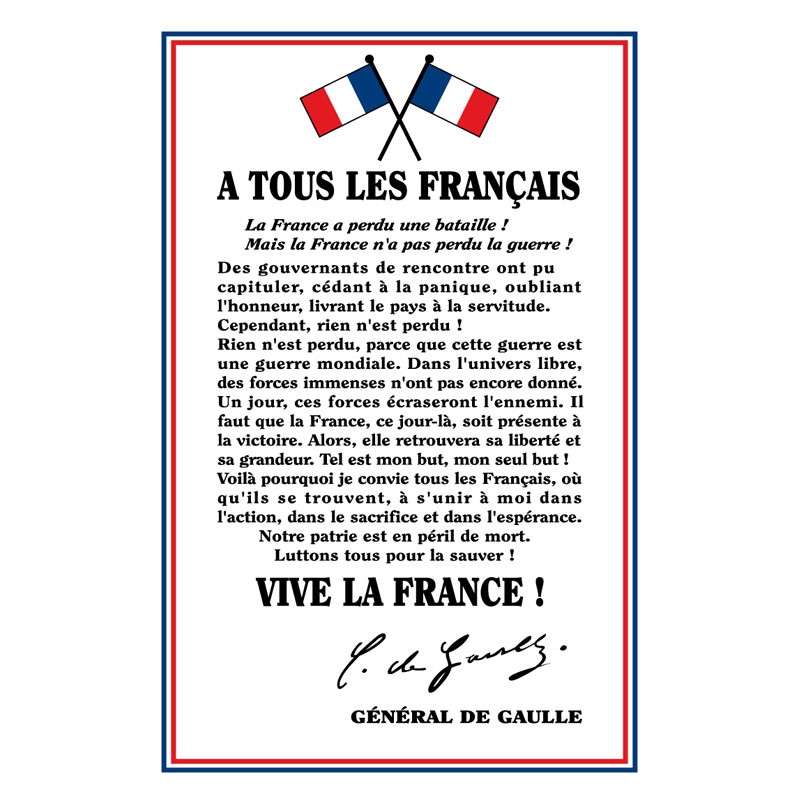 Erreur De Lecture Veuillez Réessayer Ultérieurement La plaque "À tous les français" du Général de Gaulle, en PLEXI ou PVC