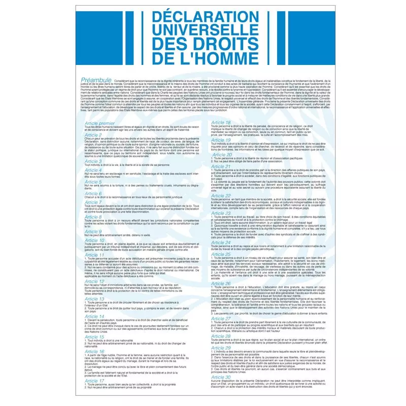 La plaque Déclaration Universelle des Droits de l'Homme et du Citoyen, en  version classique. PLEXI ou PVC.