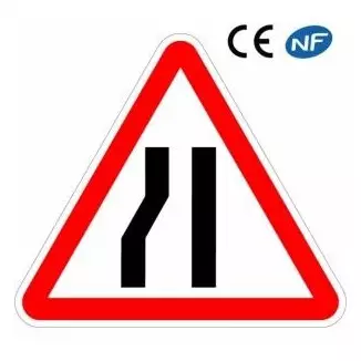Panneau de signalisation en aluminium : chaussée rétrécie sur la gauche (A3b)