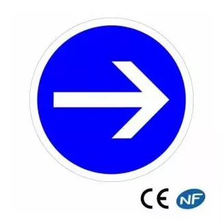 Panneau code de la route sur fond bleu. Obligation de tourner à droite B21.1