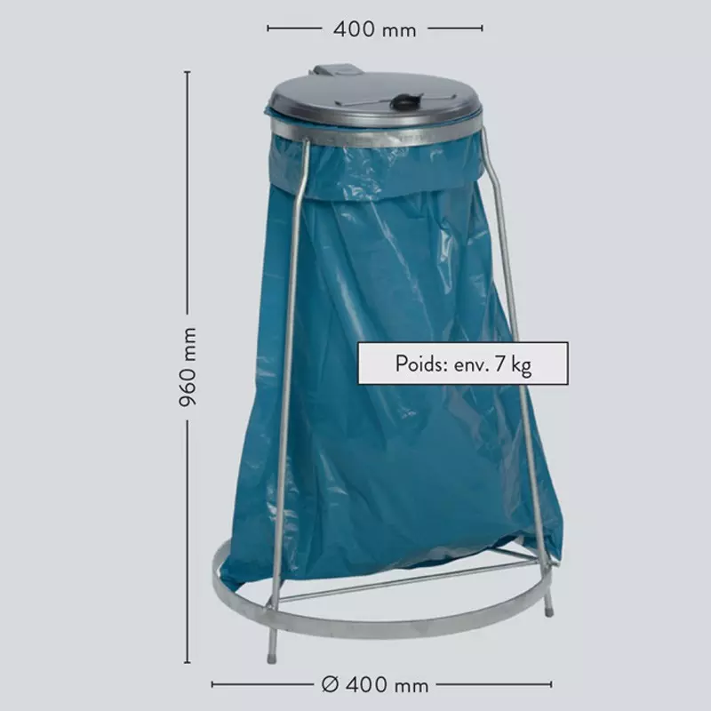 Support empilable en acier forme cône pour sac poubelle de 120 litres.