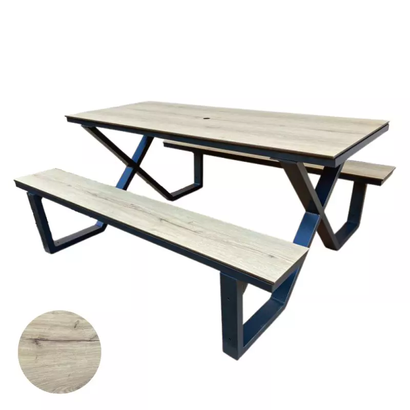 Evaluation Transformer Sociable Table d'extérieur avec bancs en HPL, imitation bois