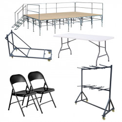 Lot 10 tables 183 cm + 48 chaises pliantes + podium + chariots