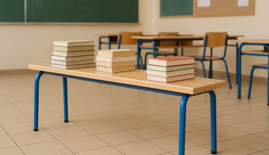 banc école avec pieds bleus