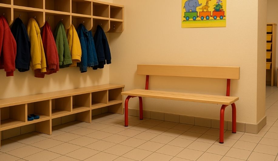 banc écolier avec dossier et piétement rouge