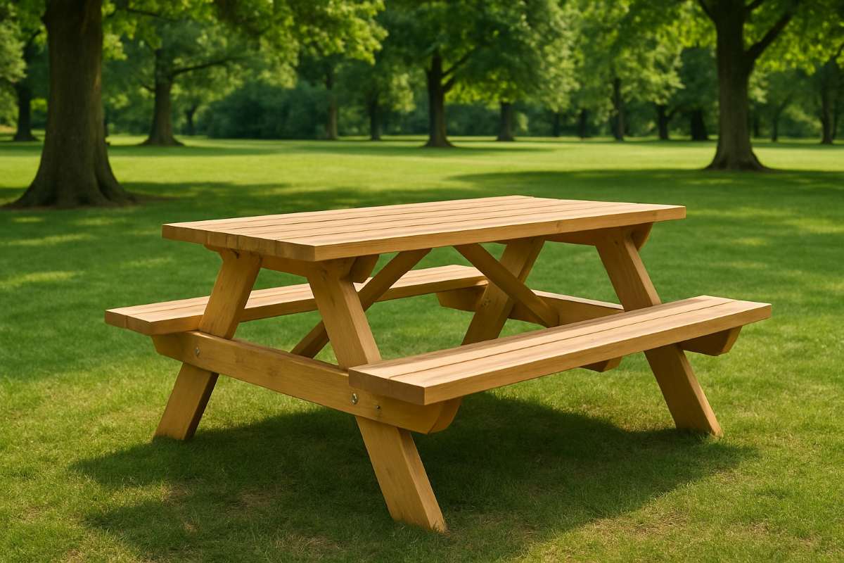 Table picnic bois avec bancs intégrés installée dans un parc