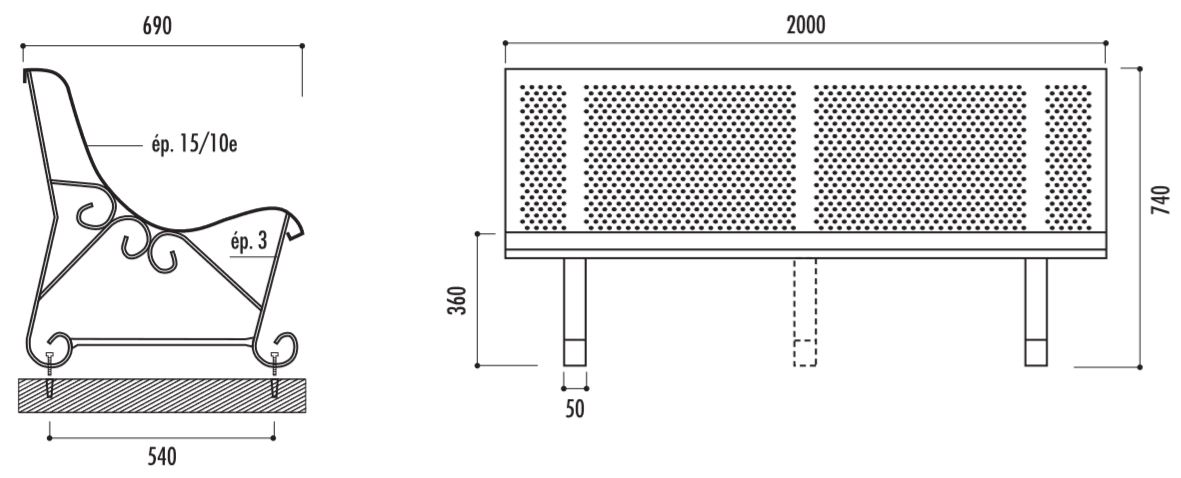 Dessin technique et dimensions du banc urbain Santiago - DMC Direct