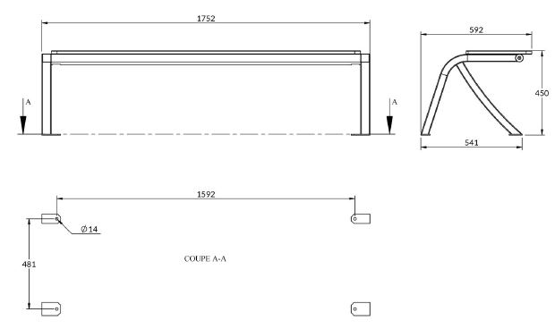 Dessin technique de la banquette urbaine structure acier et panneaux en compact - DMC Direct