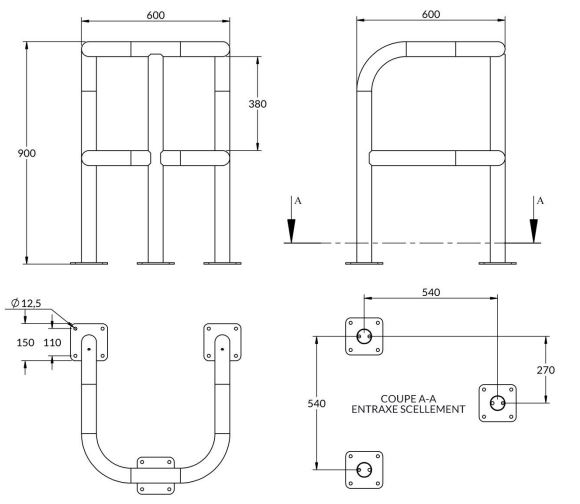 Dessin technique de l'étrier de sécurité à trois pieds sur platines