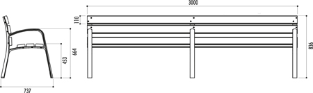 Banc 3 metres en bois exotique et fonte