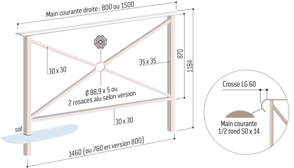 Dessin technique et schéma de la barrière type Main courante Héritage DMC Direct