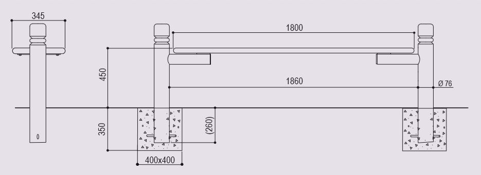 Dessin technique et dimensions de la banquette publique en métal modèle Estoril - DMC Direct